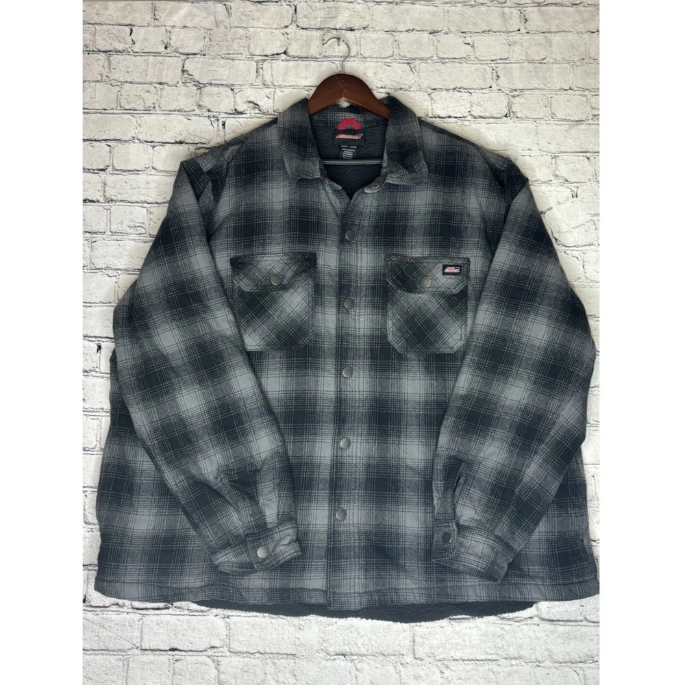 Genuine Dickies Shirt Jacket Mens Grey Black Plaid Sherpa Lined Flannel 3XL